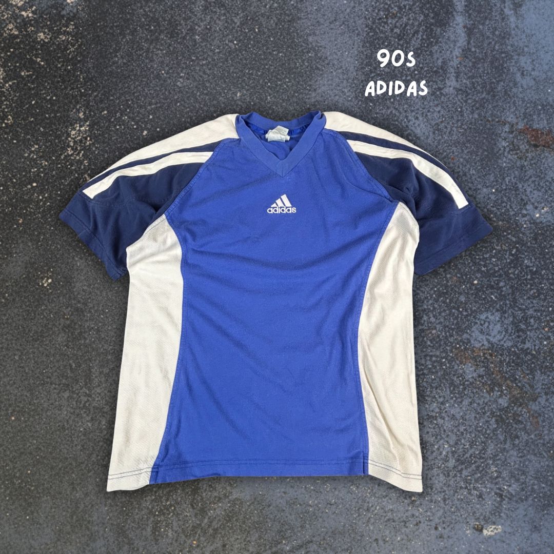 Vintage 90s Adidas T-Shirt Size M Blue White Panels 3-Stripe Centre Logo V-Neck
