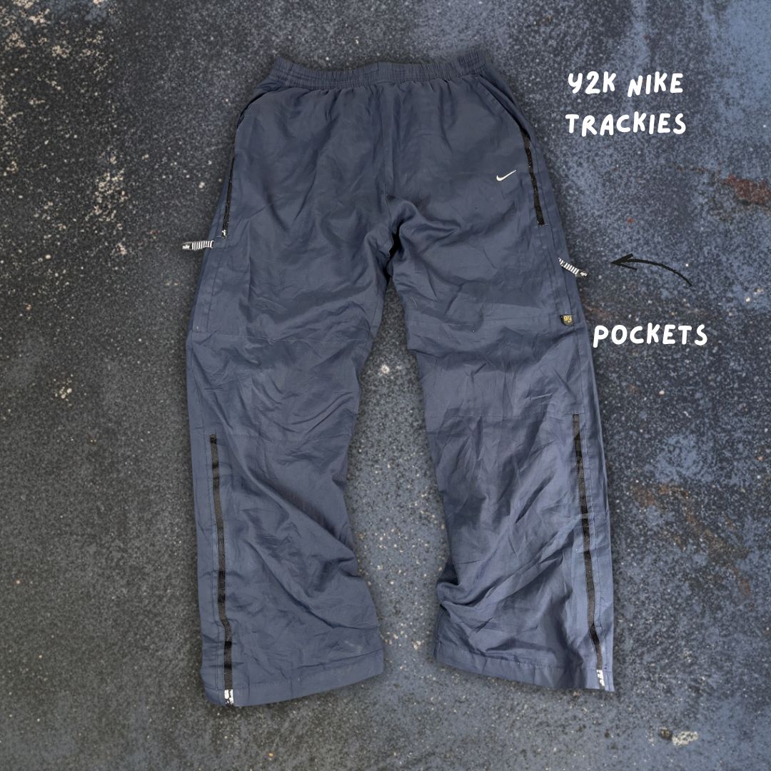 Vintage Y2K Nike Track Pants Men's XL Navy Grey Swoosh Spell Out Zips Wide Leg