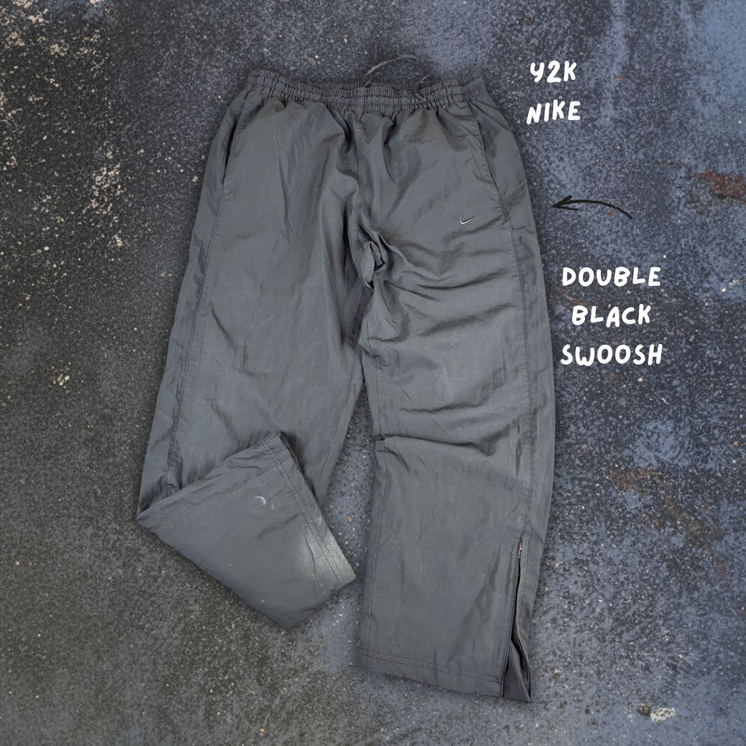 Y2K to 10s Nike Track Pants Mens XL Double Black Swoosh Baggy Wide Leg Premo