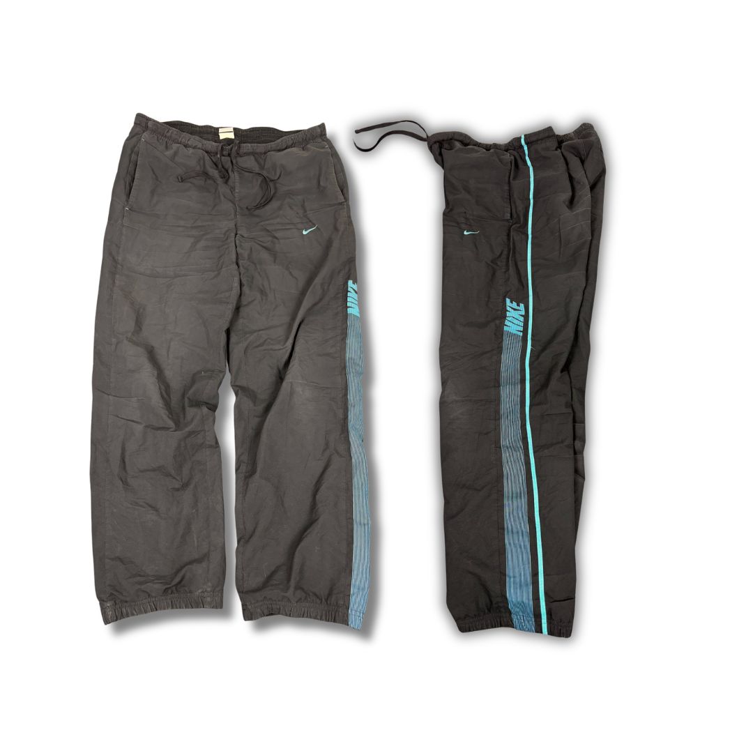 Y2K Nike Track Pants Men's M Black Blue Swoosh Spell Out Joggers Wide Leg