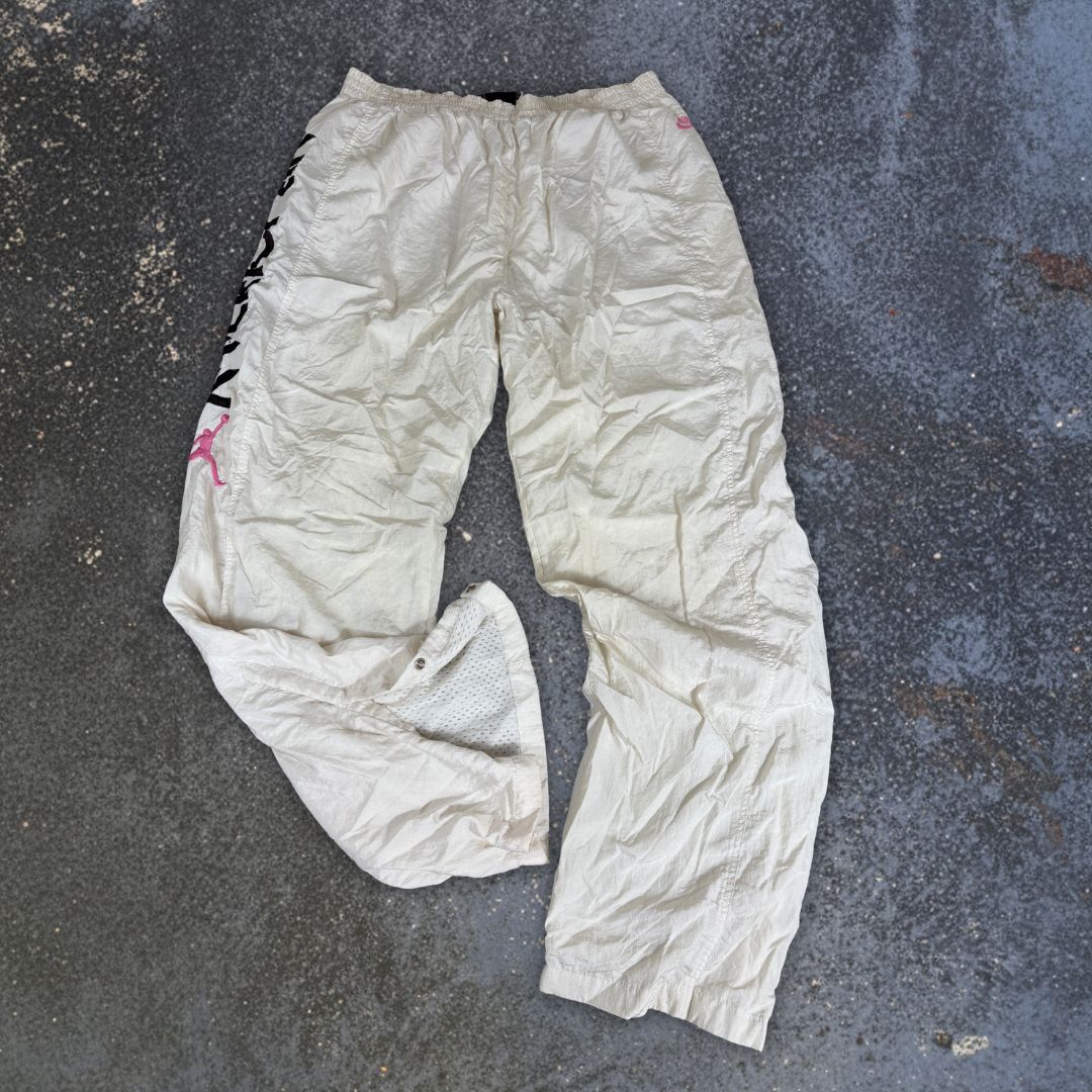 Vintage 1989 Nike Flight Track Pants Men’s L White Pink Tear-Away Air Jordan Spell Out Baggy Rare