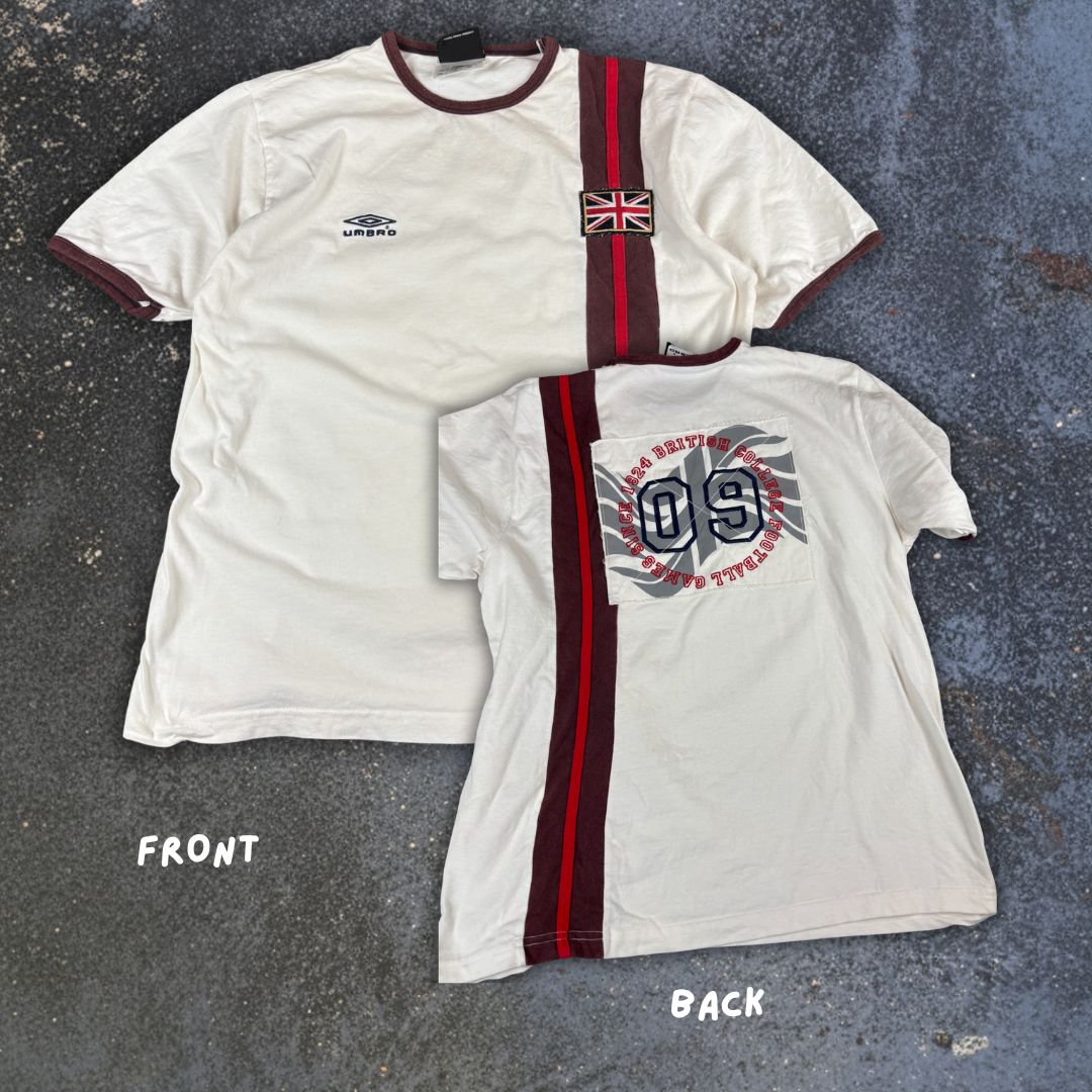Vintage Y2K Umbro T-Shirt L White England Football Embroidered Logos UK Flag Ringer Style