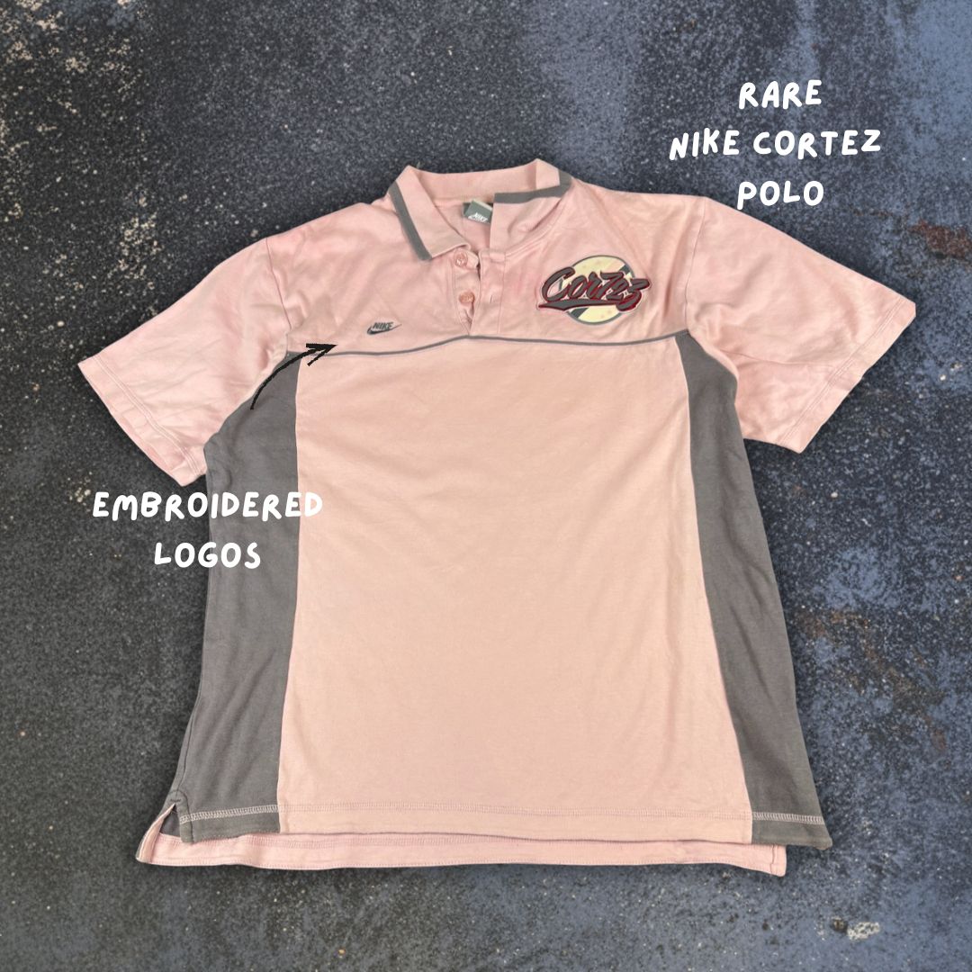 Vintage Y2K Nike Cortez 72 Polo Women’s L Pink Grey Logo Piping Panels Badge Logos