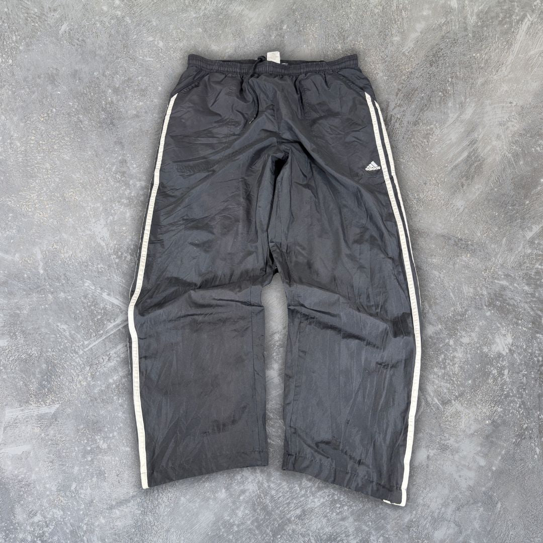 Vintage Y2K Adidas Track Pants Size L Black White 3-Stripes Nylon Windbreakers
