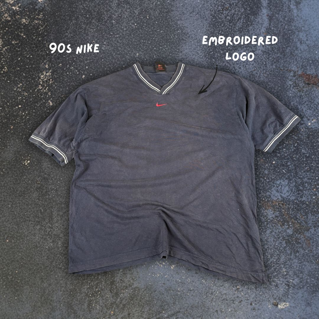 Vintage 90s Nike T-Shirt L Navy Cotton V-Neck Red Centre Swoosh Ringer Detail