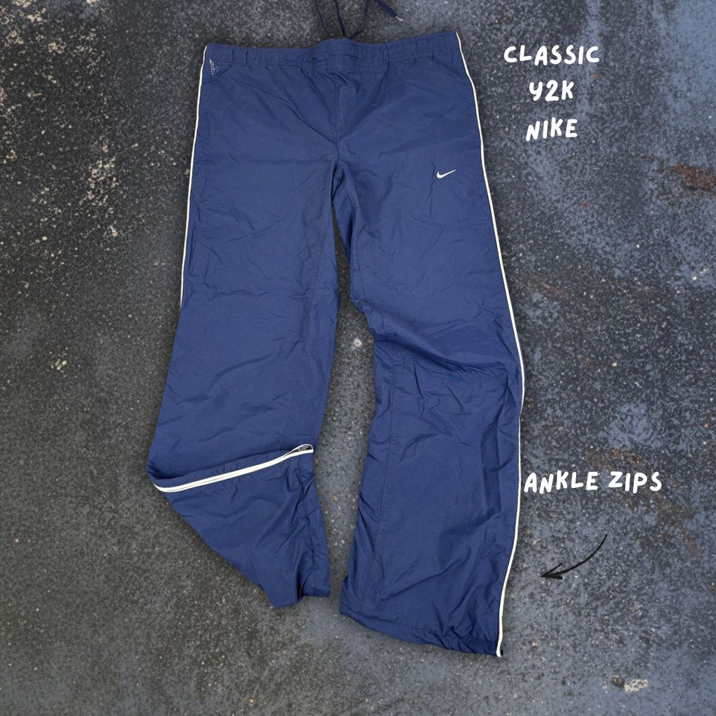 Vintage Y2K Nike Track Pants S Navy White Detail Wide Leg Windbreakers
