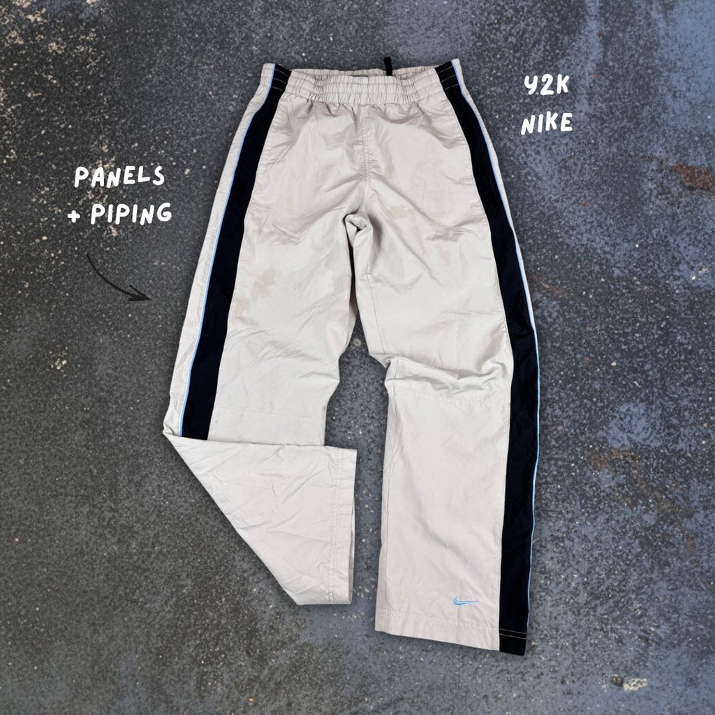 Vintage Y2K Nike Track Pants M Grey Blue Piping Black Blue Ankle Swoosh Wide Leg