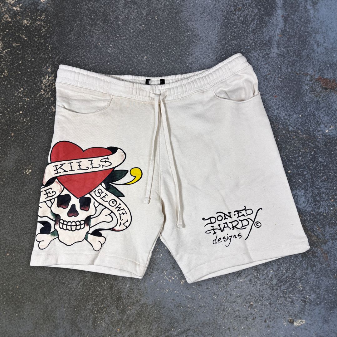 Ed Hardy Sweat Shorts Size XL White Tattoo Art Skull Heart Y2K Streetwear Style