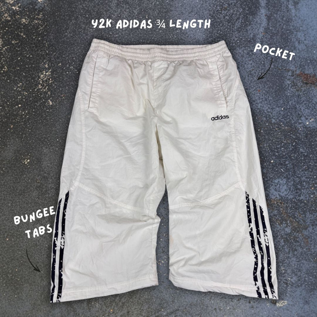 Vintage Y2K Adidas 3/4 Track Pants Men’s L White Black 3-Stripe Windbreakers Bungee Ankle