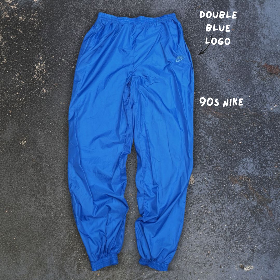 Vintage 90s Nike Track Pants Size XL Double Blue Swoosh Classic Nylon Windbreaker