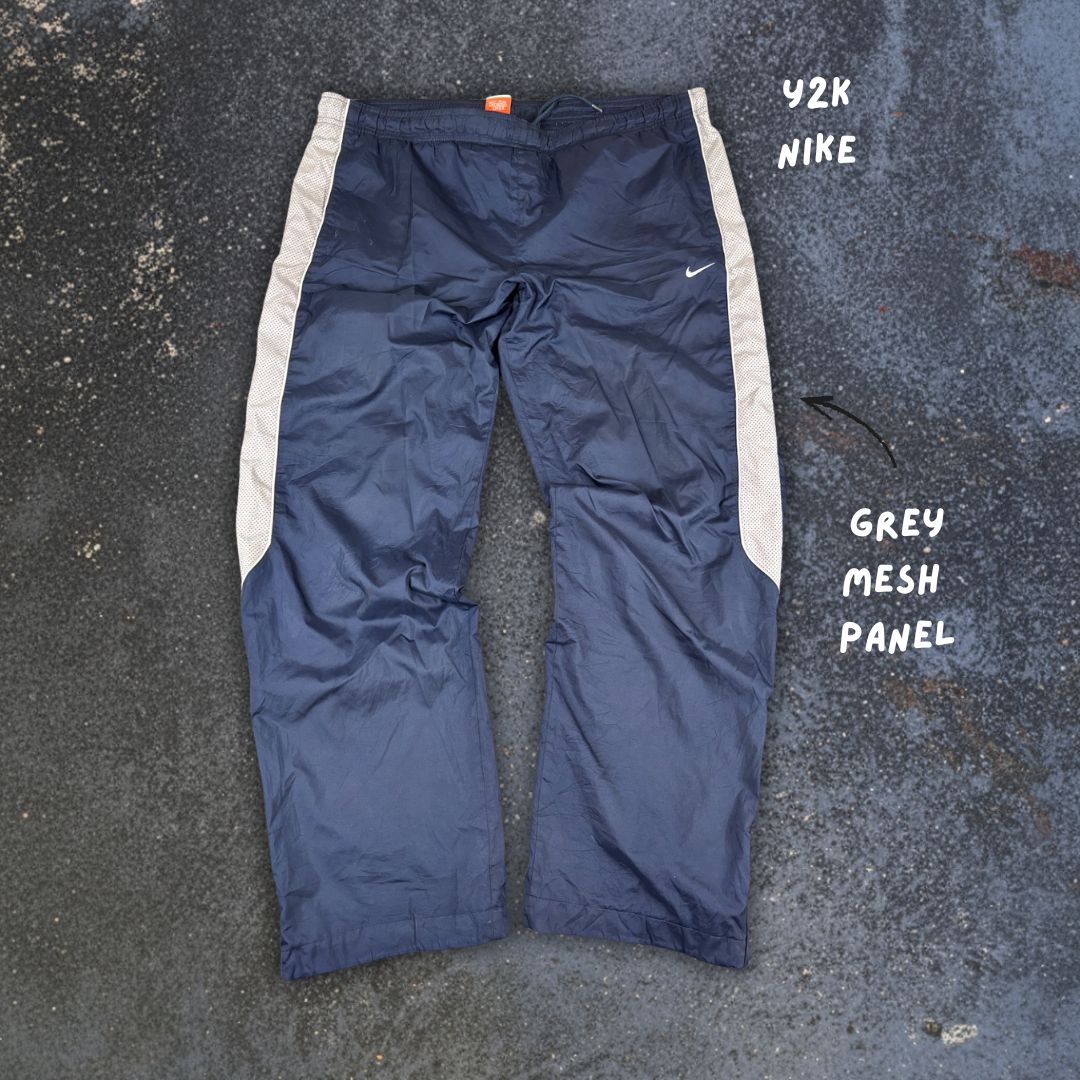 Vintage Y2K Nike Track Pants Size XL Navy Grey Mesh Panels White Piping Ankle Zips