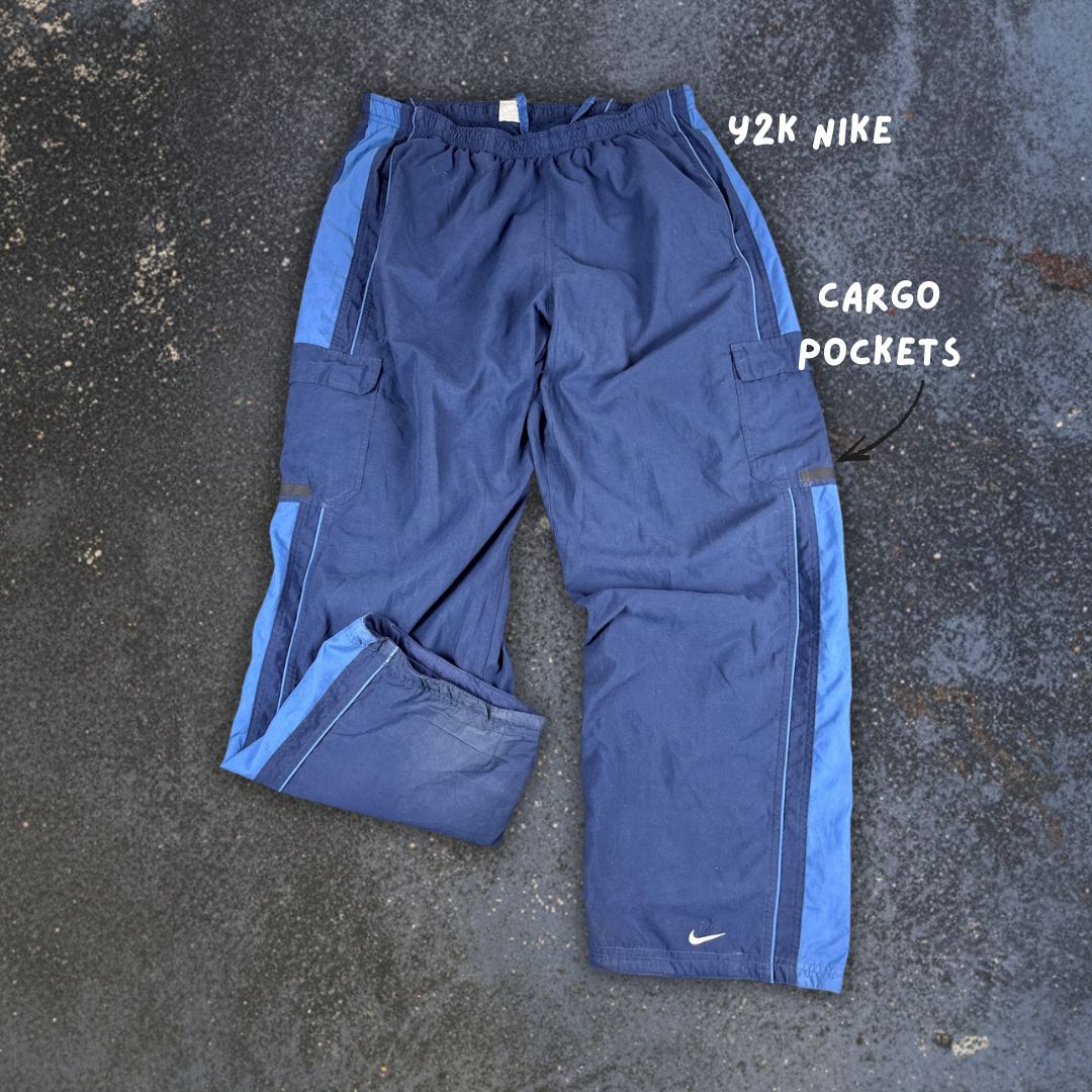 Vintage Y2K Nike Cargo Track Pants Men’s XXL Navy Blue Baggy Wide Leg