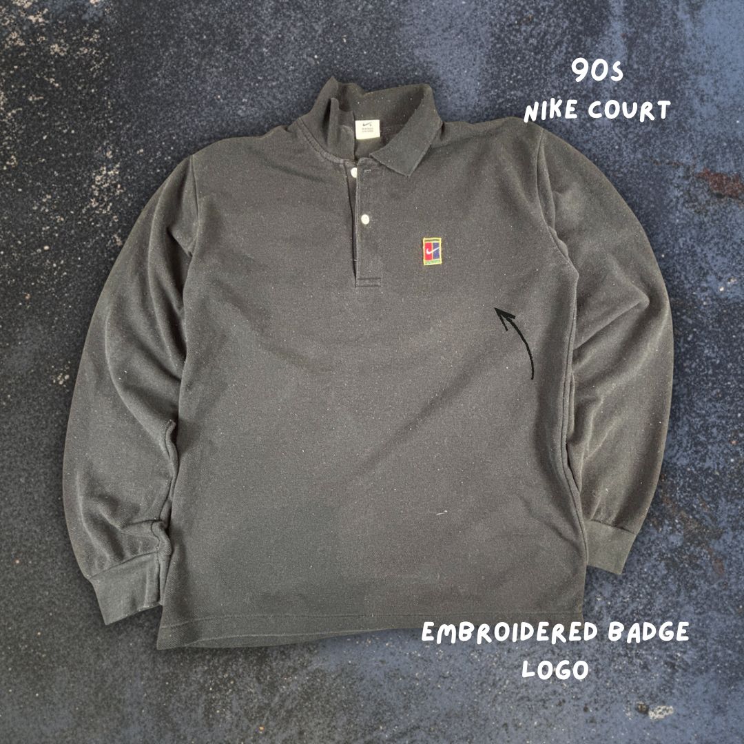 Vintage Y2K Nike Court Polo T-Shirt Size M Black Badge Logo Long Sleeve