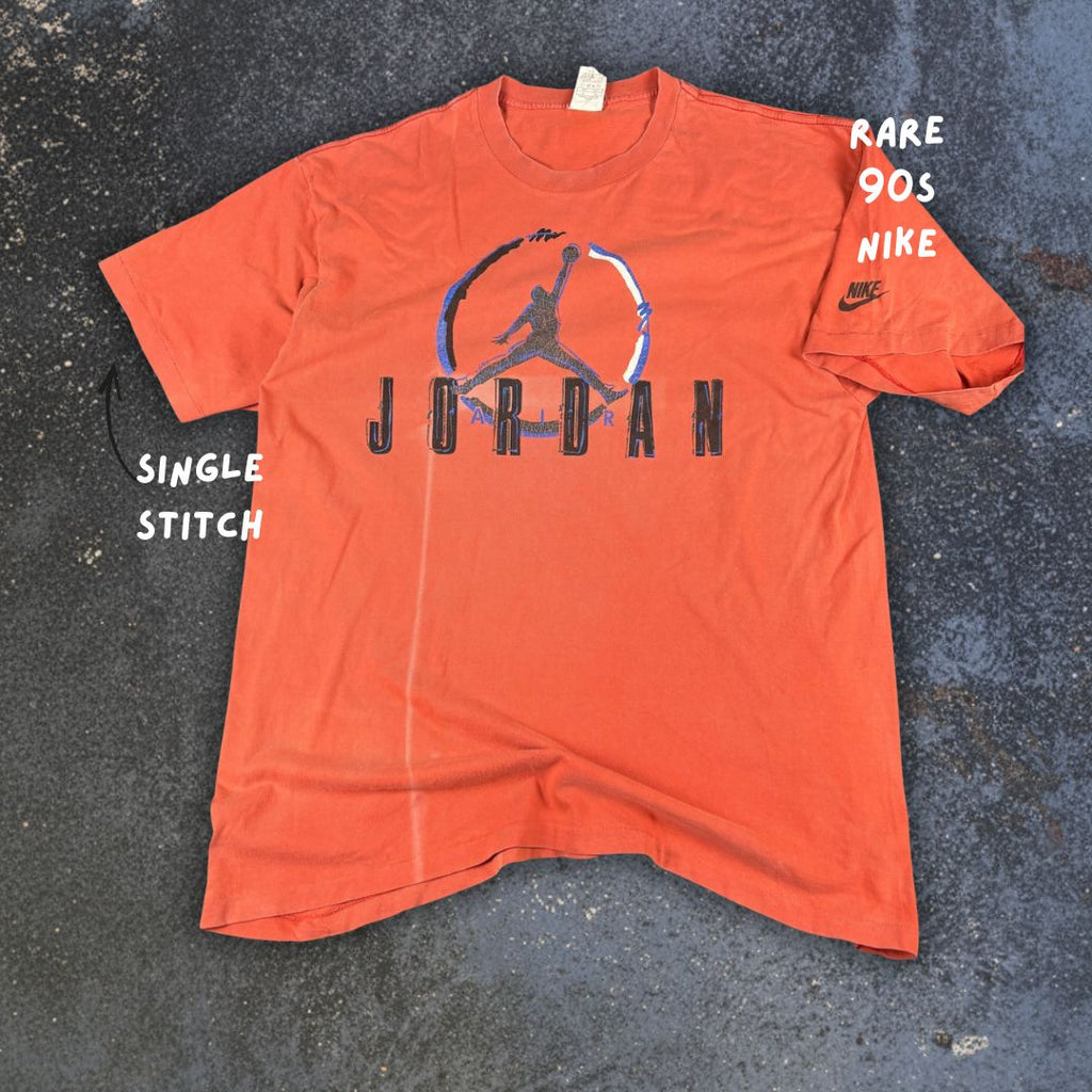Vintage 90s Nike Jordan T-Shirt XL Red Orange Cotton Single Stitch Jumpman Spell Out Rare