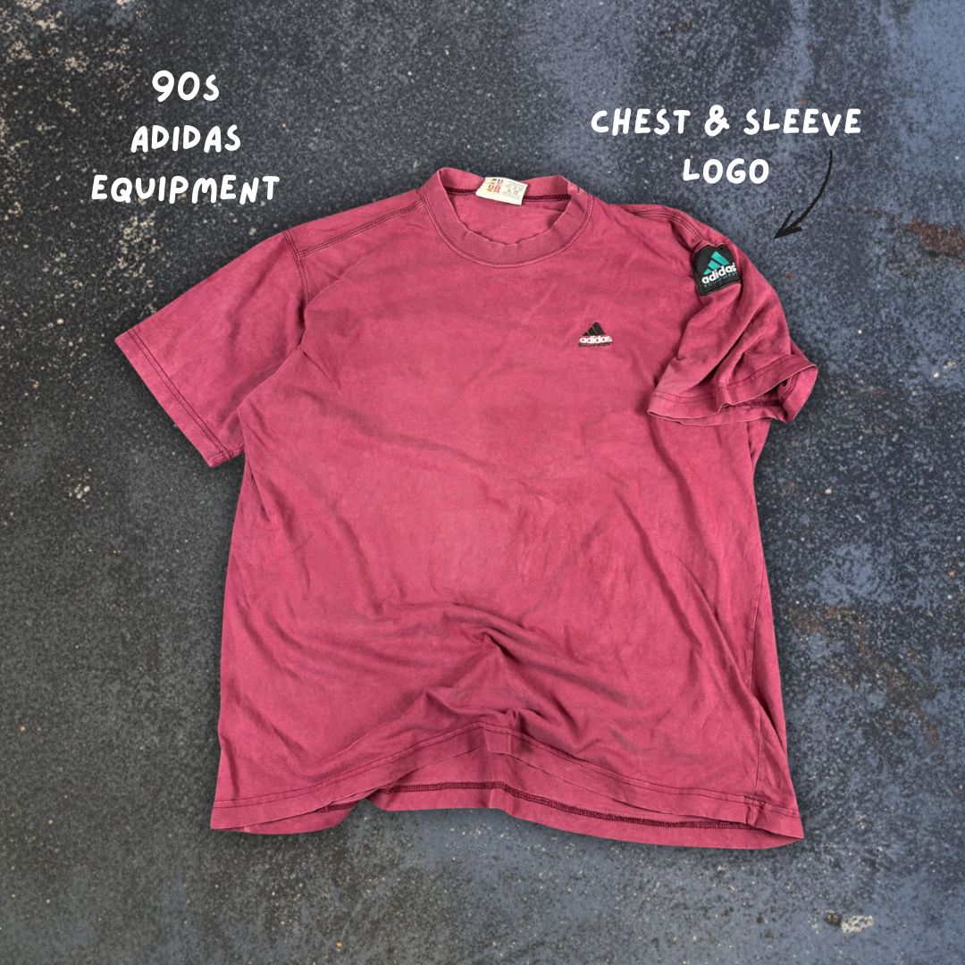 Vintage 90s Adidas Equipment T-Shirt L Red Cotton Chest + Arm Logo Maroon Red