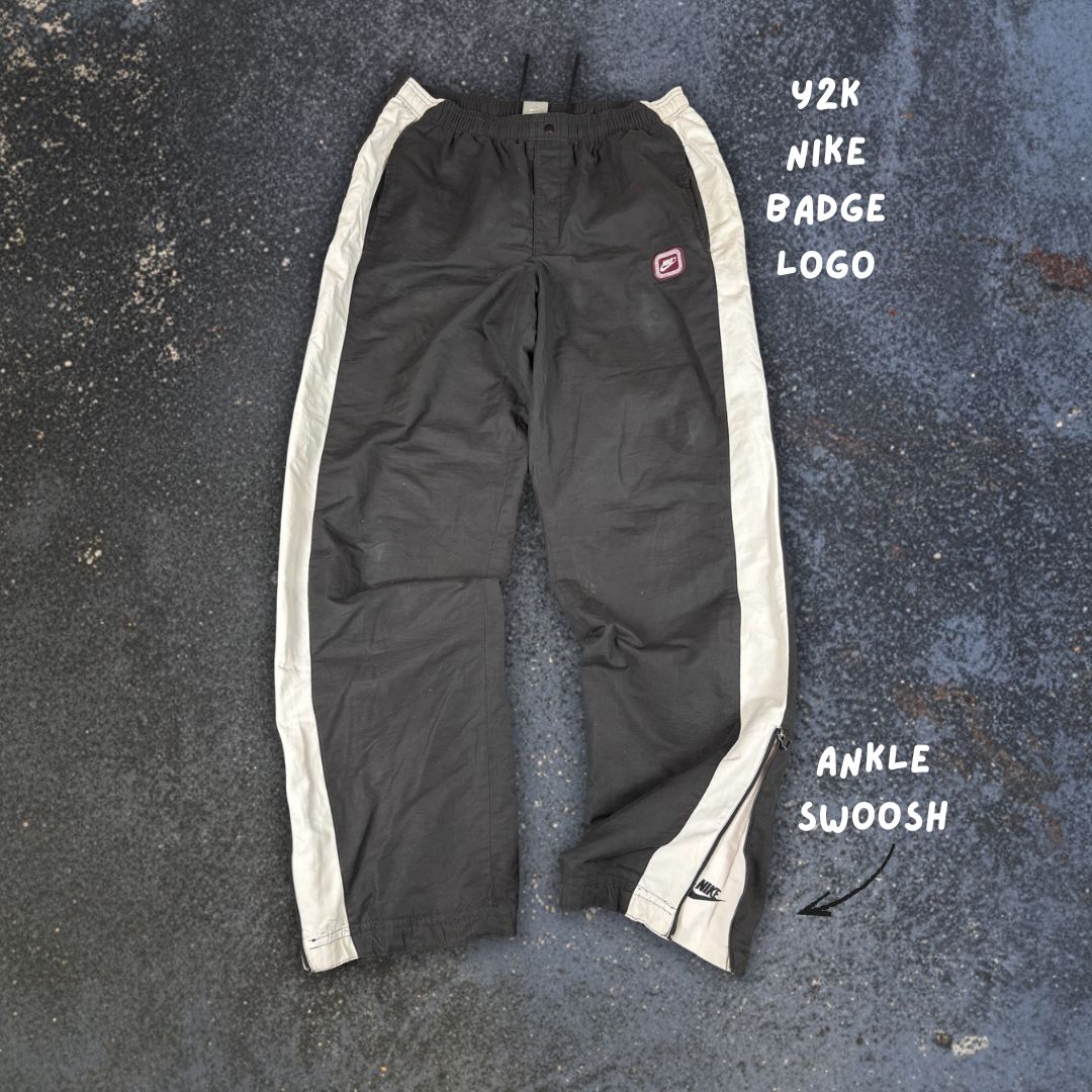 Vintage Y2K Nike Track Pants Size L Black White Panels Red Badge Ankle Zip Wide Leg