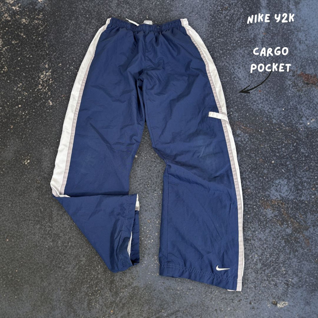 Vintage Y2K Nike Track Pants Women’s S Navy White Cargo Pocket Wide Leg Ankle Swoosh