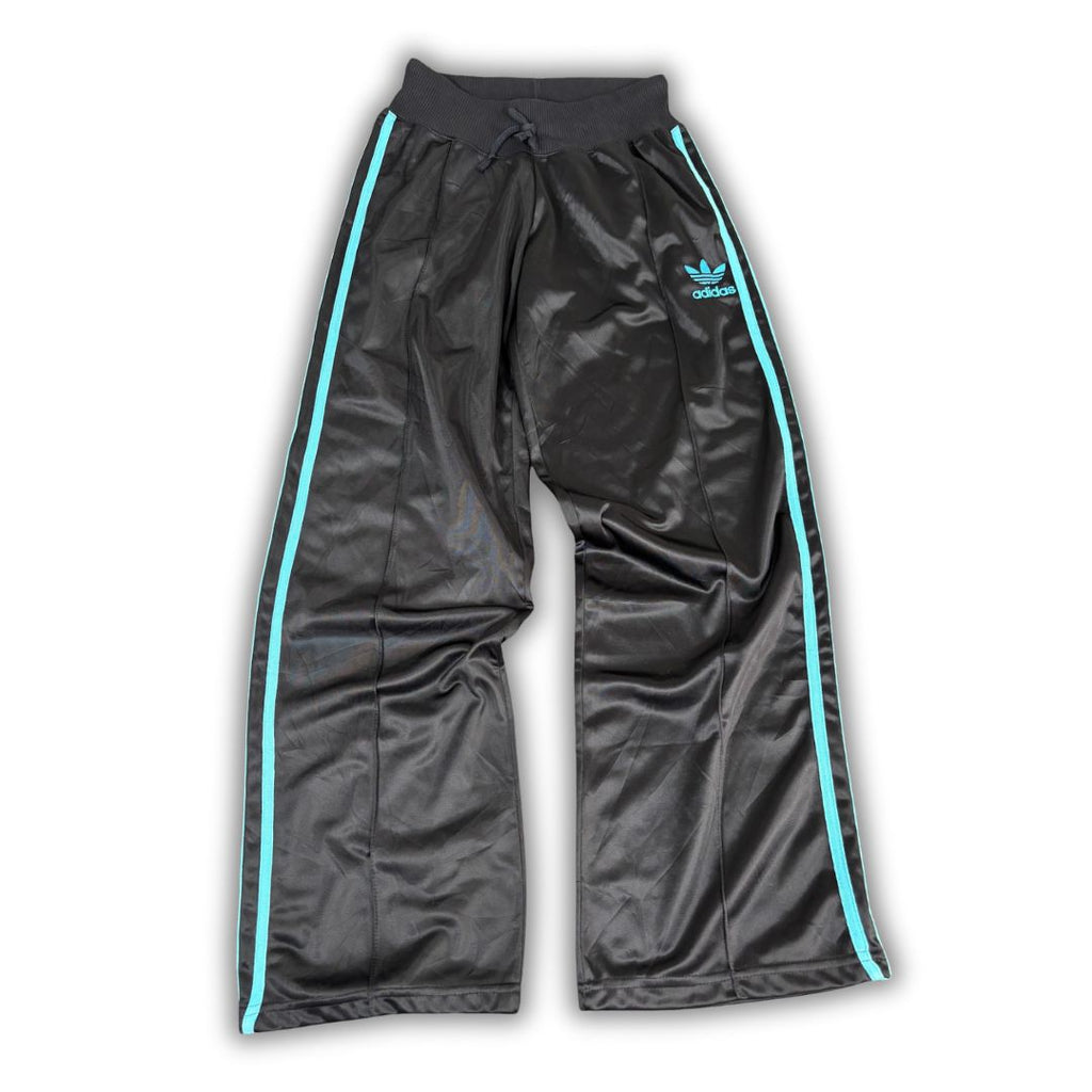 Adidas Track Pants Women's S Black Blue Logo 3 Stripe Pleated Joggers Wide Leg