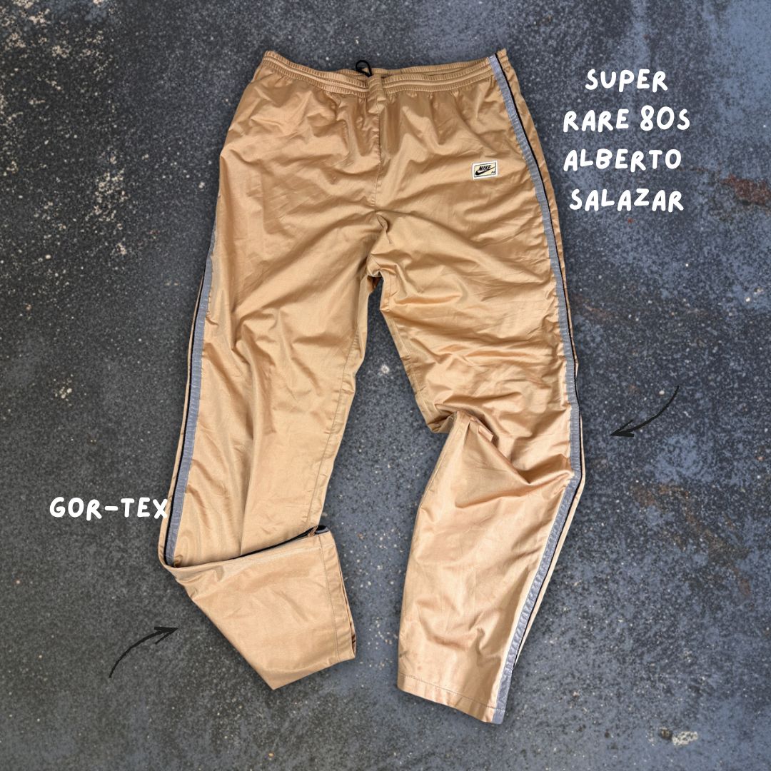 Vintage 80's Nike Track Pants Men's L Gold Rare Alberto Salazar Gortex PR Badge Logo Ankle Zip Wide Leg