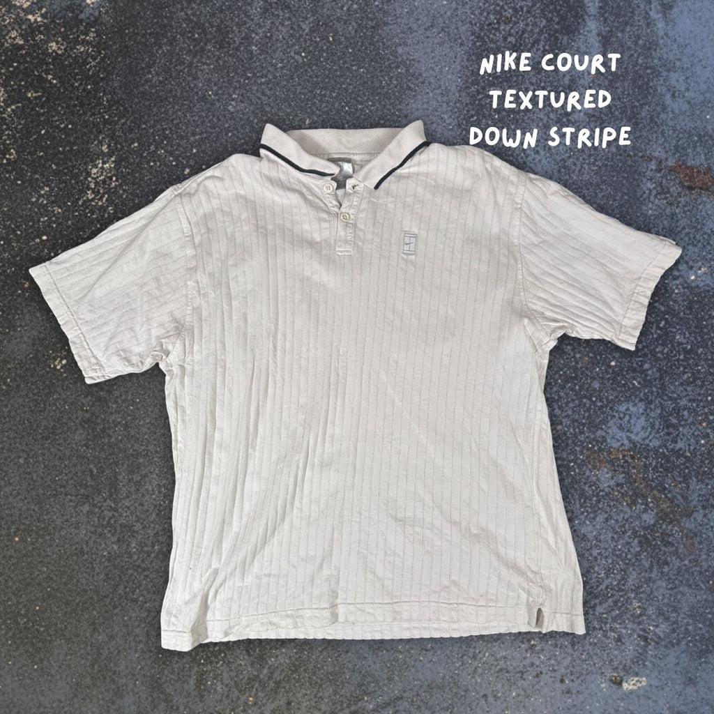 Vintage Y2K Nike Court Polo Shirt Men’s L White Down Stripe Silver Chest Logo