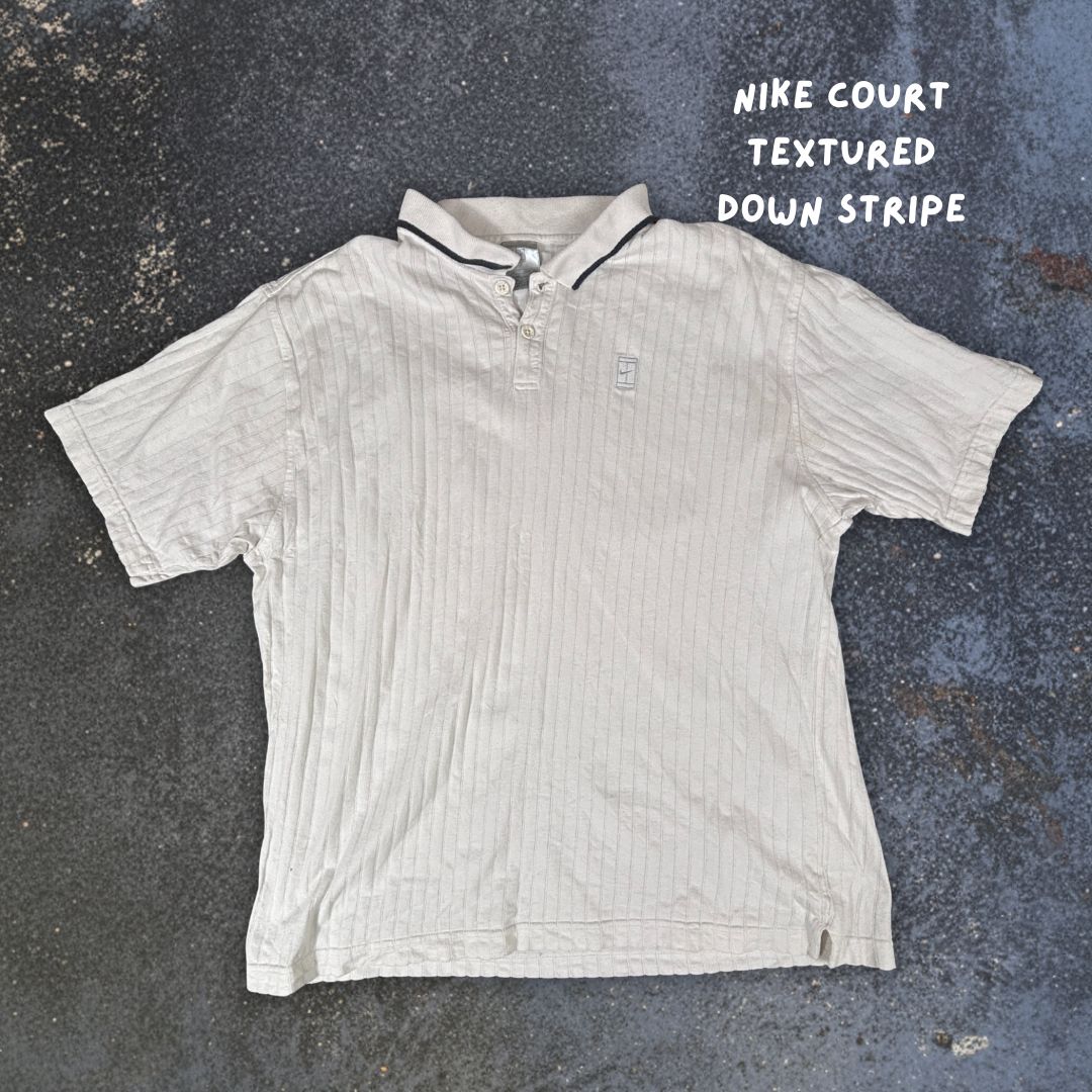 Vintage Y2K Nike Court Polo Shirt Men’s L White Down Stripe Silver Chest Logo