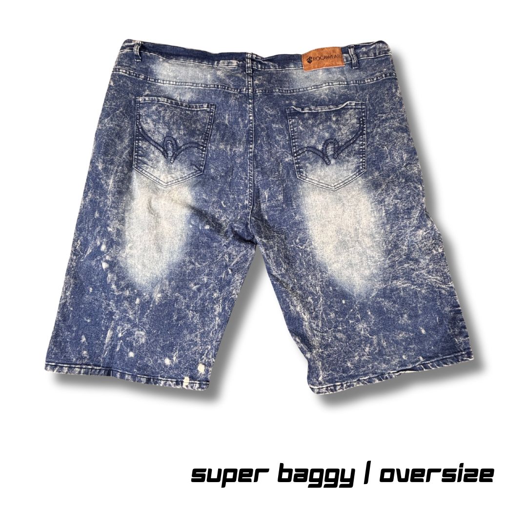 Vintage Rocawear Denim Shorts Men’s 50 Dark Acid-Wash Painted Hip Hop Super Baggy