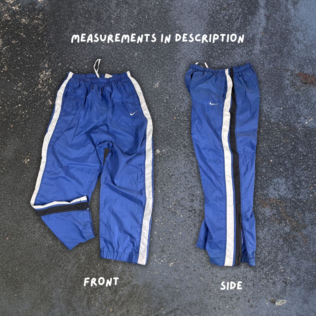 Vintage 90's Nike Track Pants Men's L Blue White Black Panels Swoosh Ankle Zips Wide Leg