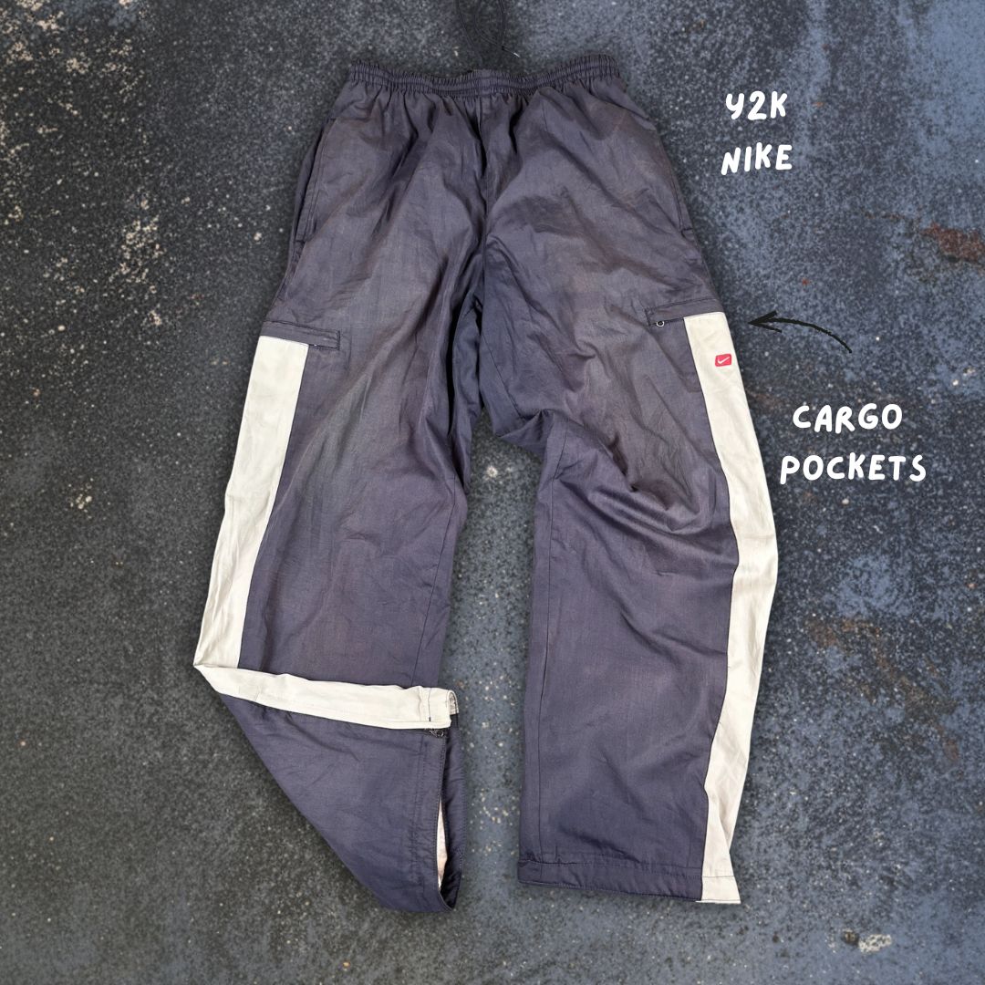 Vintage Y2K Nike Cargo Track Pants Size S Navy Grey Panel Red Badge Ankle Zips Wide Leg