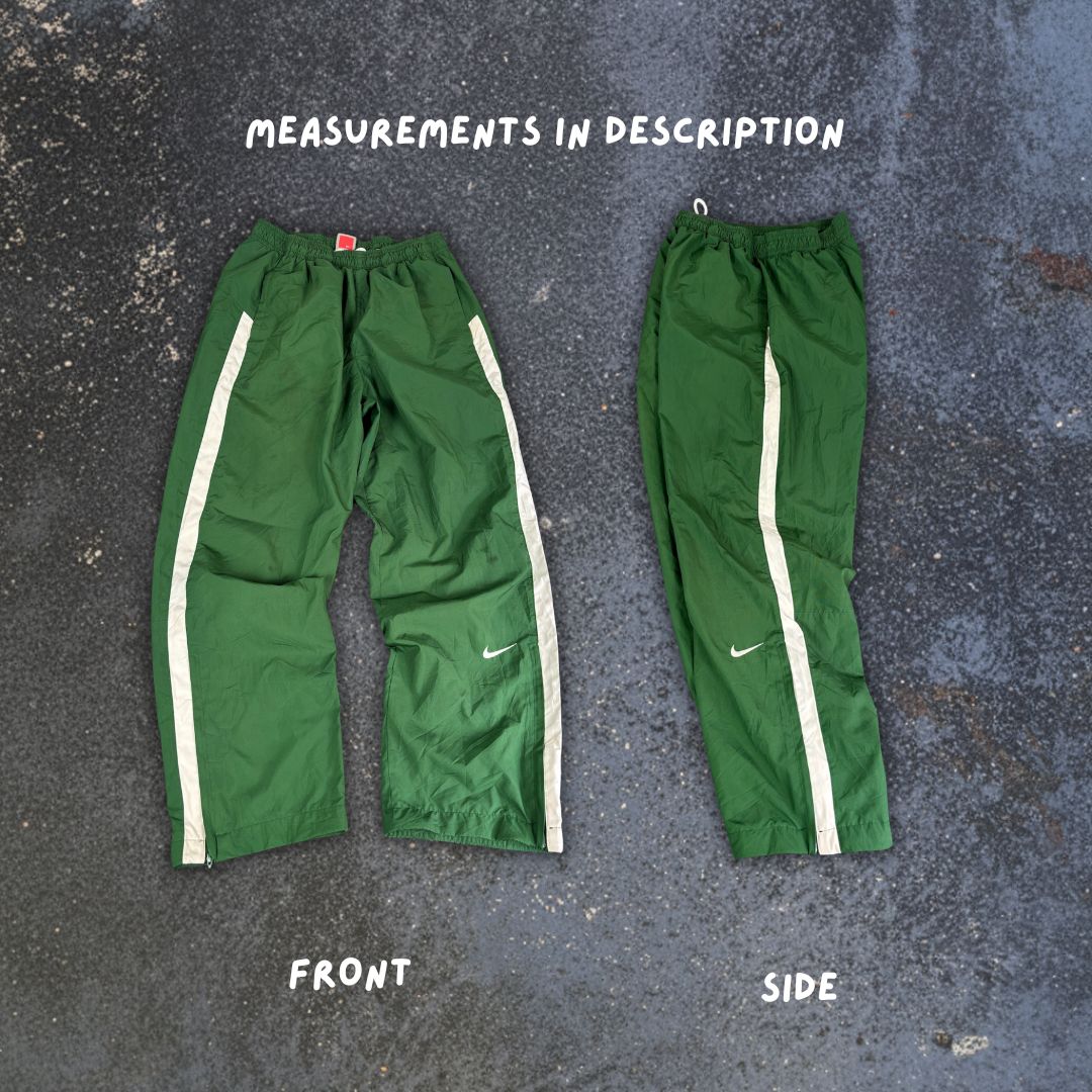 Vintage Men's Y2K Nike Track Pants Size S Green White Panels Swoosh Ankle Zips Wide Leg