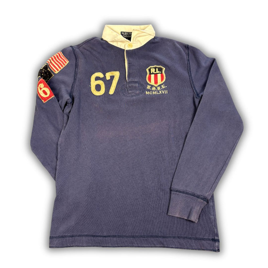 Vintage 90's Ralph Lauren Rugby Polo Men's S Blue Grey Embroidered Badges Logos Collared