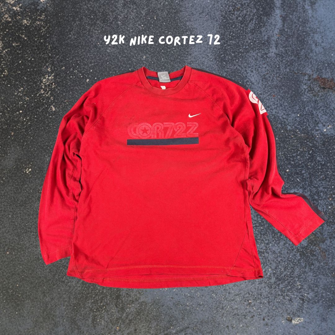 Vintage Y2K Nike Cortez 72 T-Shirt Men's S Red White Swoosh Spell Out Long Sleeve Crew