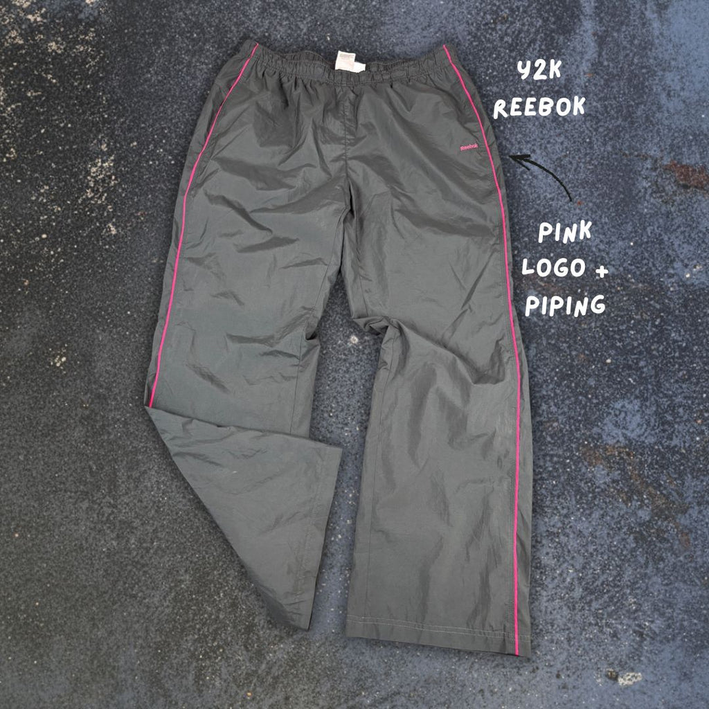 Vintage Y2K Reebok Track Pants Women’s XL Black Dark Grey Pink Piping Wide Leg