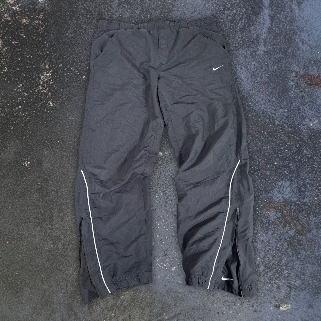 Vintage Y2K Nike Track Pants Size L Black White Piping Swoosh Wide Leg Ankle Swoosh