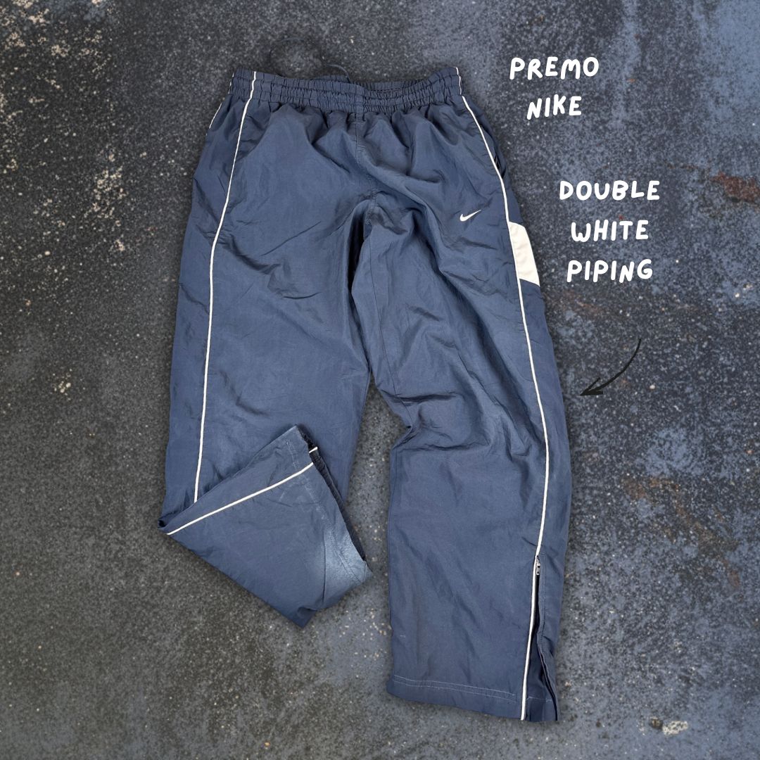 Y2K 10s Nike Track Pants XL Navy White Swoosh Piping Ankle Zip Wide Leg