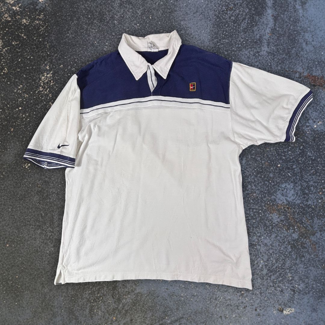 Vintage 90s Nike Court Polo Shirt Men’s L White Blue Chest Logo + Swoosh