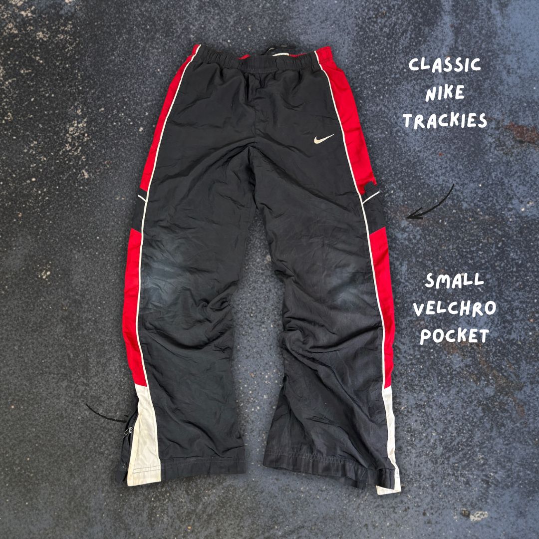 Vintage 2010s Classic Nike Track Pants Women's S Black White Swoosh Red Panels Ankle Zips Straight Leg