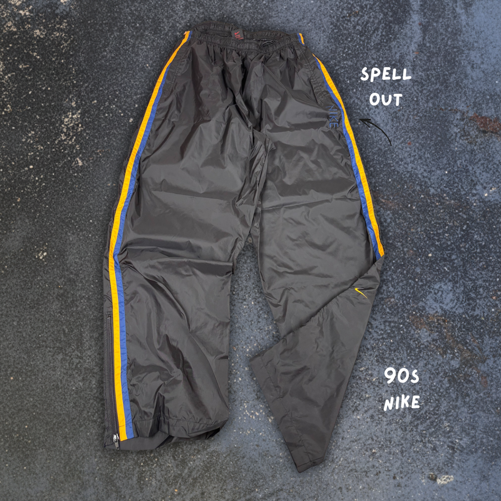 Vintage 90s Nike Track Pants Size L Black Yellow Detail Spell Out Super Wide Leg