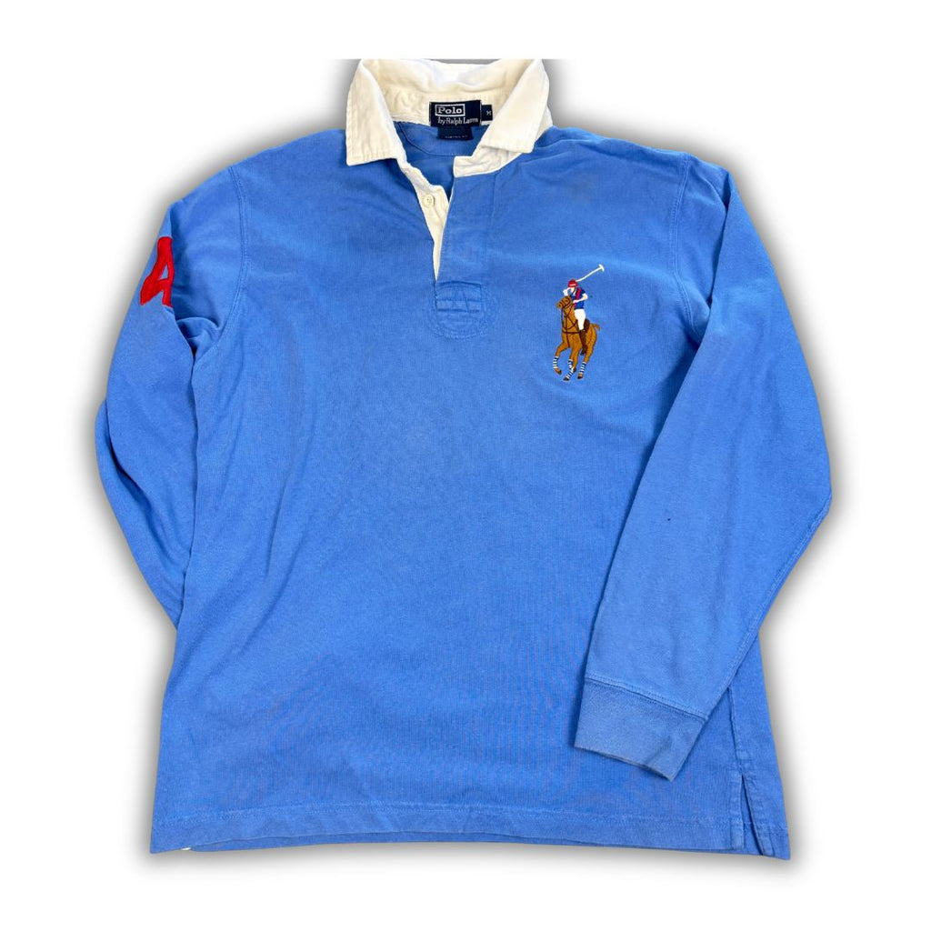 Vintage 90's Ralph Lauren Rugby Polo Men's M Blue Big Pony Coloured Embroidered Collared