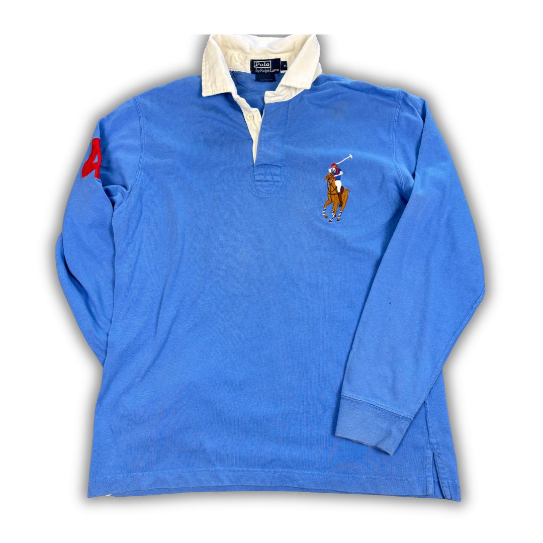 Vintage 90's Ralph Lauren Rugby Polo Men's M Blue Big Pony Coloured Embroidered Collared