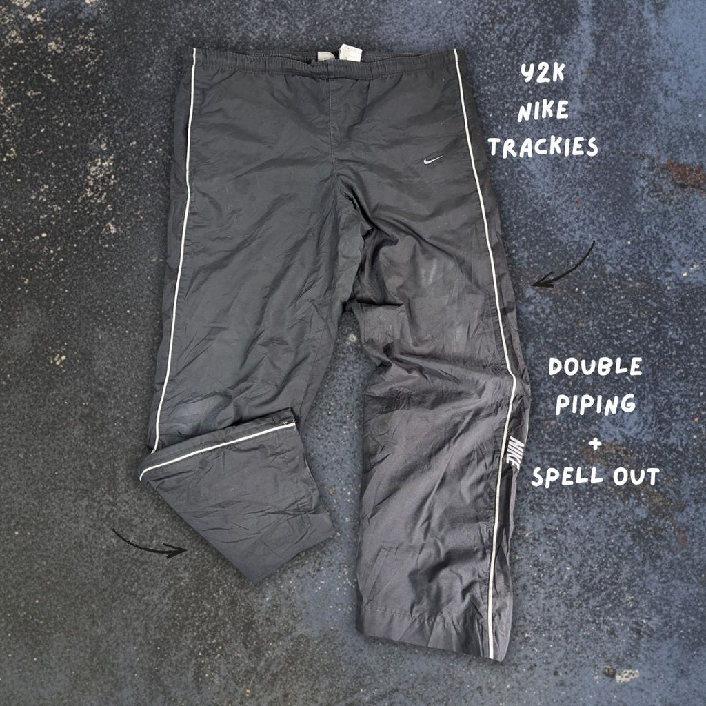 Vintage Y2K Nike Track Pants Men's  L Black Grey Piping Spell Out Ankle Zips Wide Leg