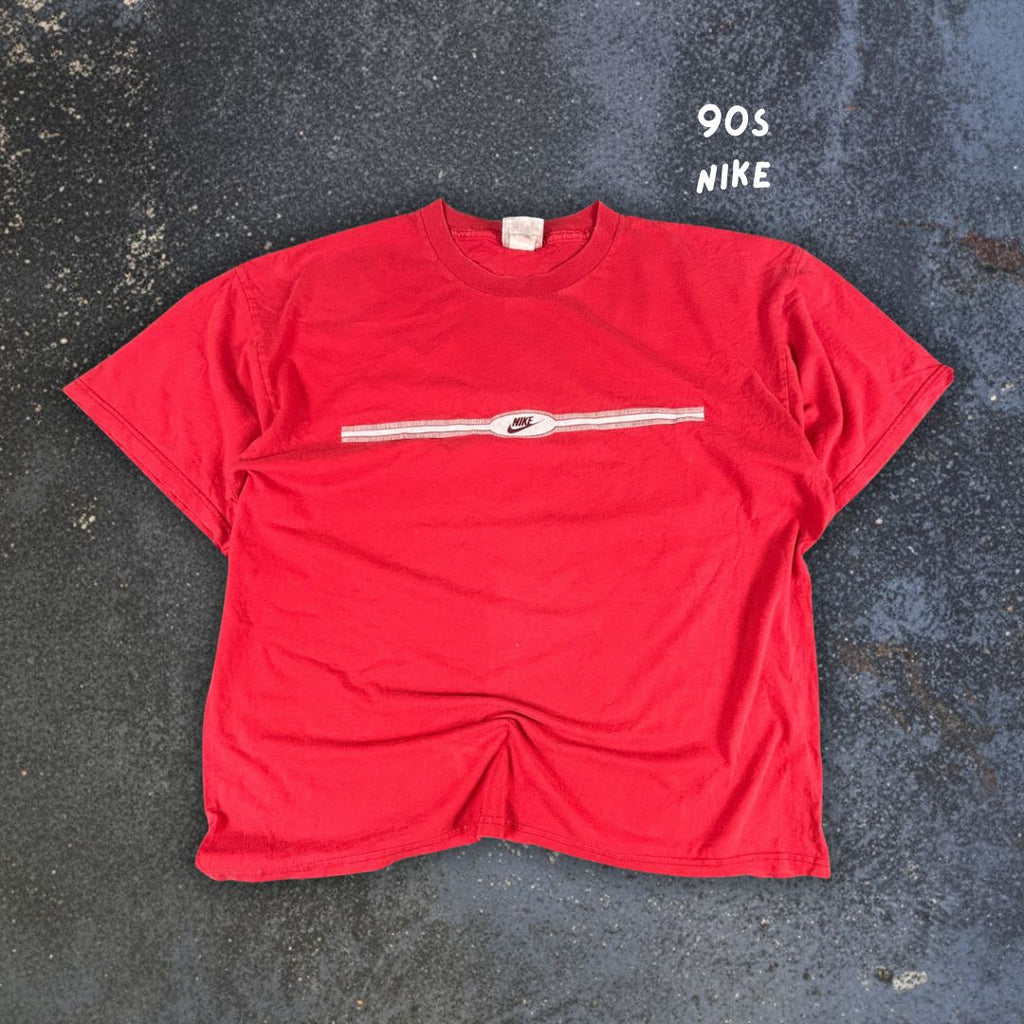 Vintage 90s Nike T-Shirt XL Red Cotton Centre Logo White Grey Crew Neck