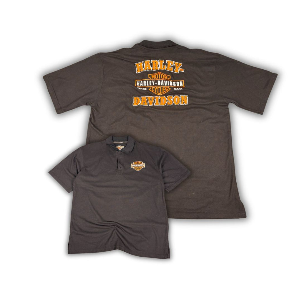 Vintage Y2K Harley-Davidson Polo Men's XL Black Embroiderd Spell Out Logo T-shirt Collared