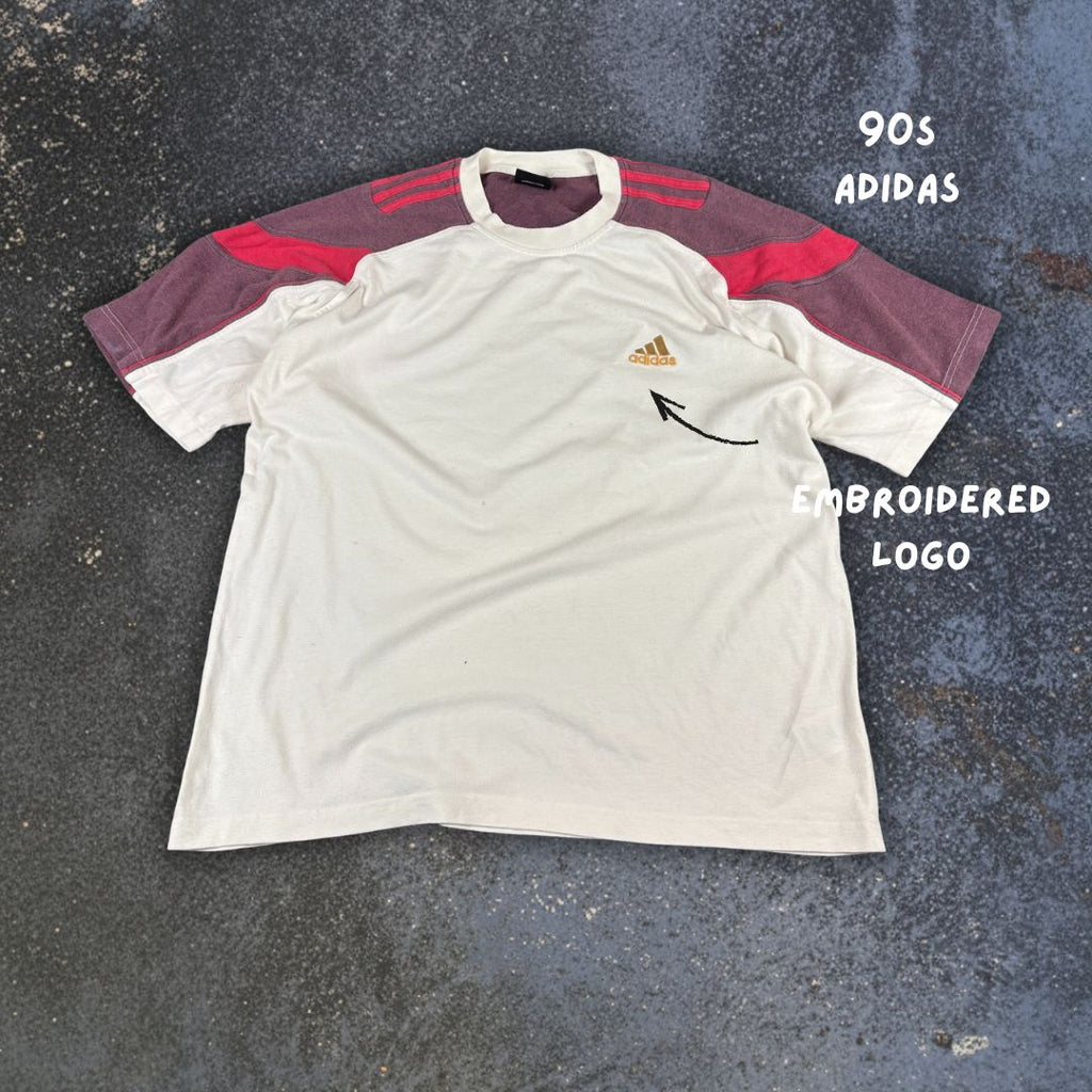 Vintage Y2K Adidas T-Shirt Size L Oversize White Brown Red Gold Logo 3 Stripes Faded