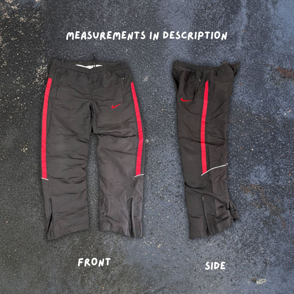 Vintage Y2K Nike Track Pants Men's L Black Red Swoosh Panels White Piping Ankle Zips Wide Leg