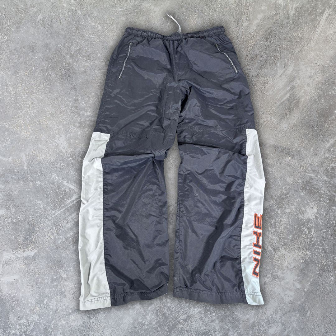 Vintage Y2K Nike Track Pants Size L Black Grey Orange Spell Out Wide Leg Ankle Zip