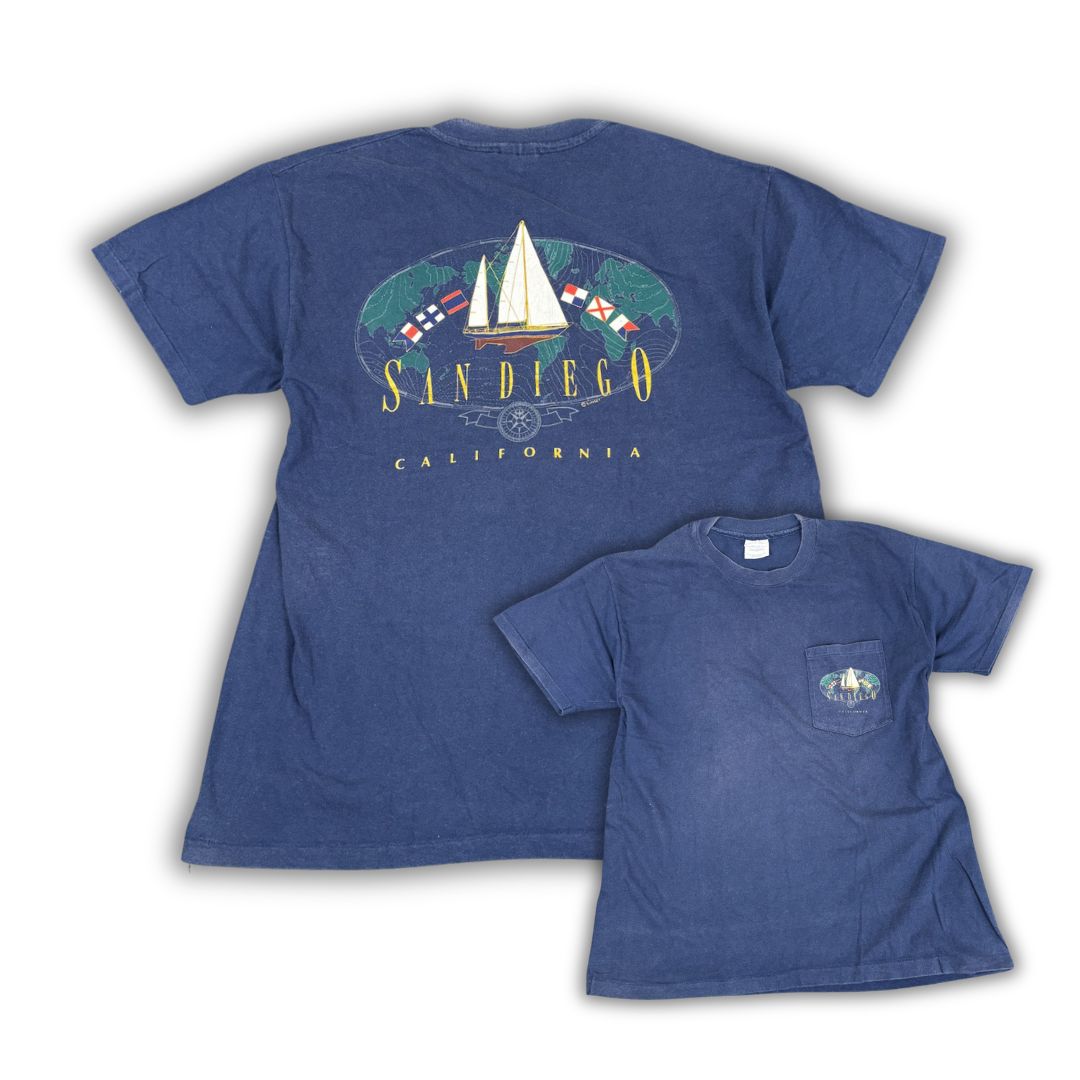 Vintage 90's Hanes Beefy T-shirt Men's L Navy Single Stitch San Diego Graphic Tee Crew Neck