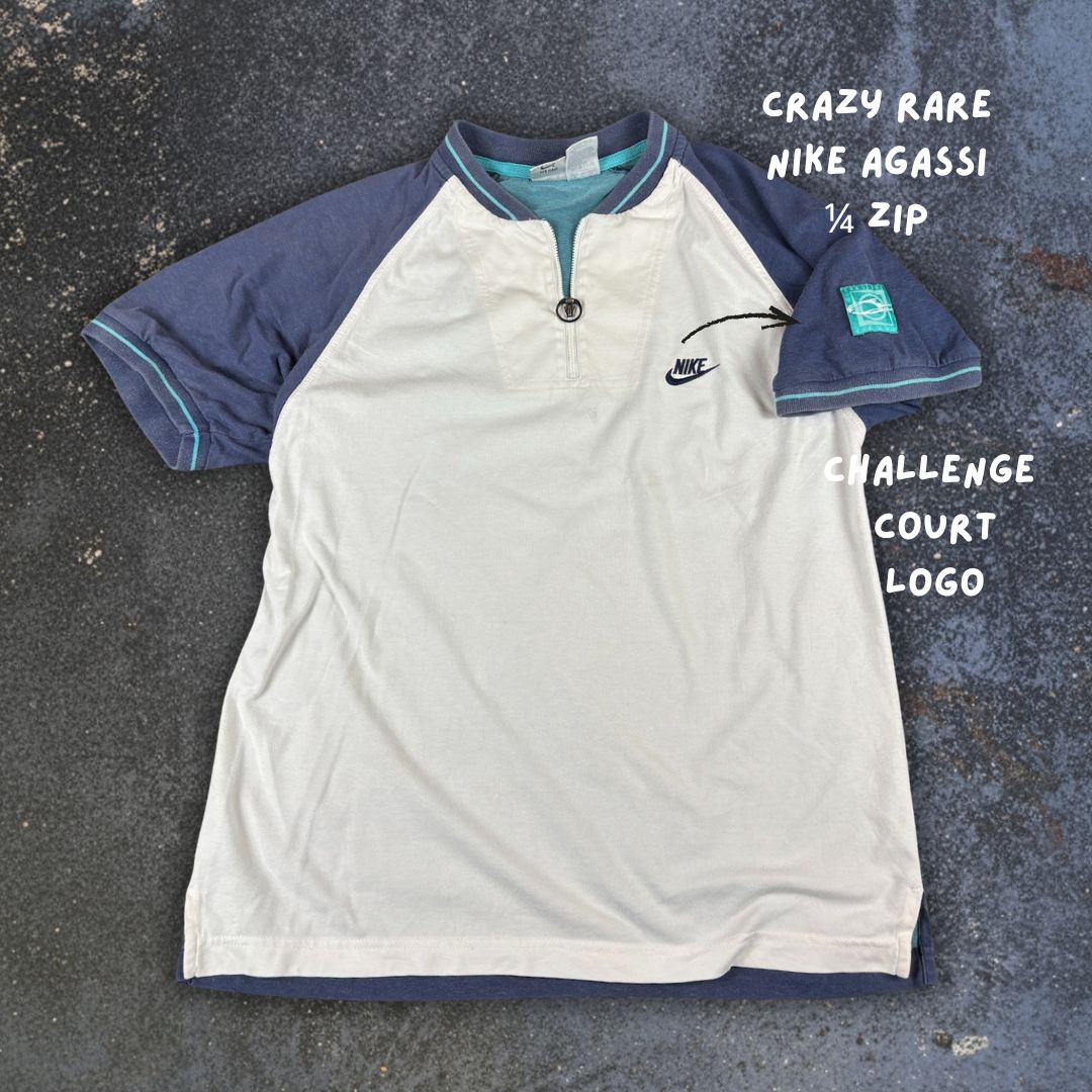 Vintage 90s Nike Court Agassi 1/4 Zip T-Shirt Size S White Navy Challenge Court Rare