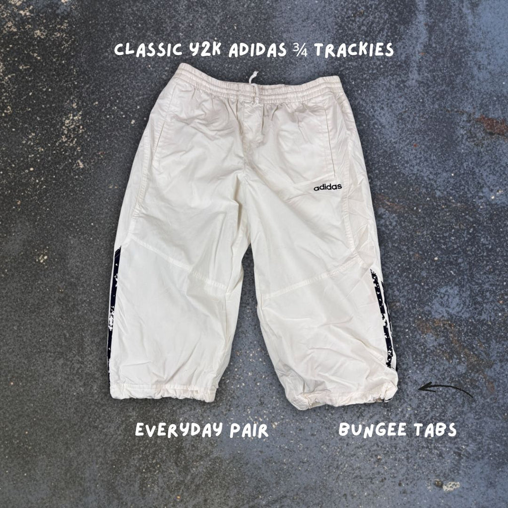 Vintage Y2K Adidas 3/4 Track Pants L White 3 Stripe Spell Out Logo Bungee Tabs
