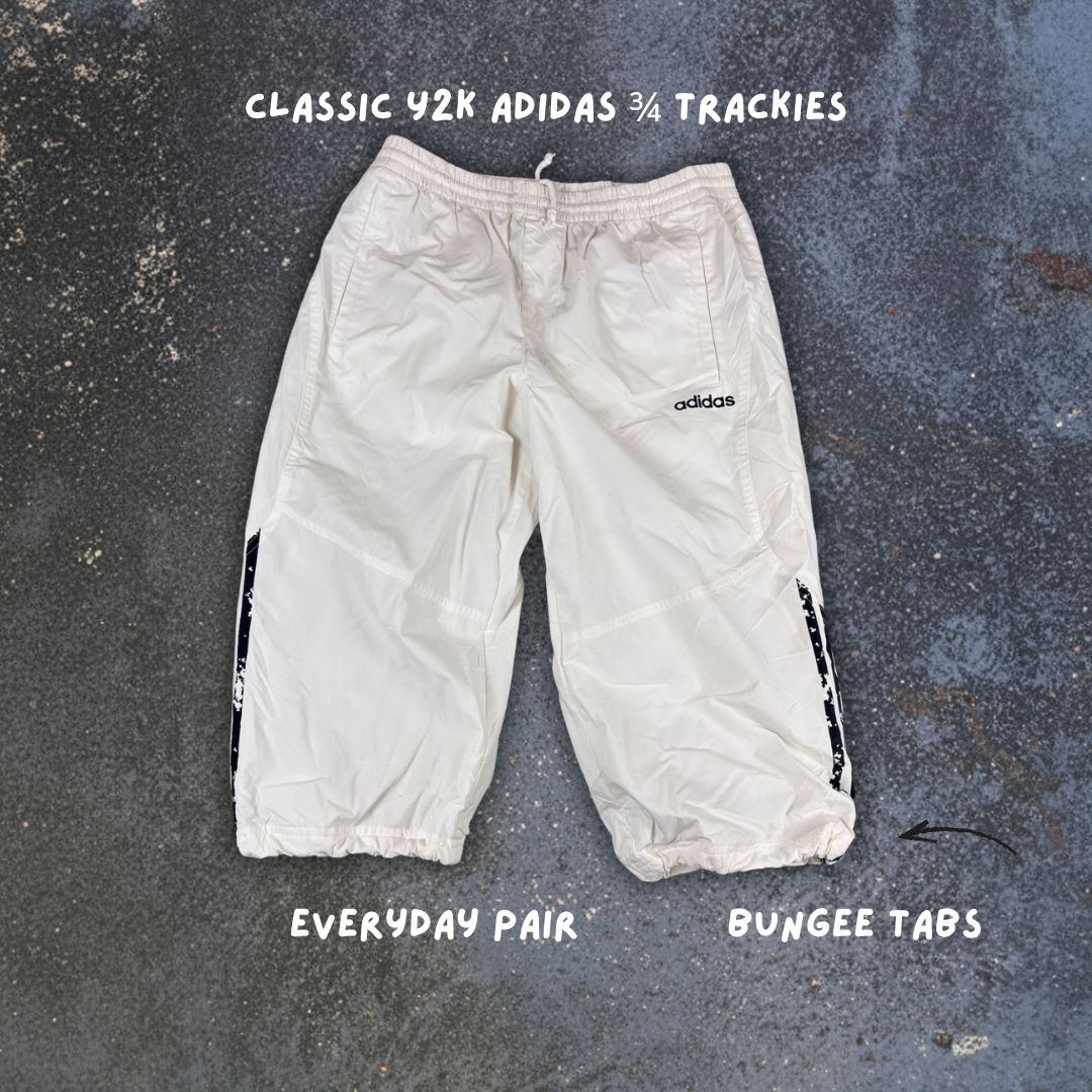 Vintage Y2K Adidas 3/4 Track Pants L White 3 Stripe Spell Out Logo Bungee Tabs