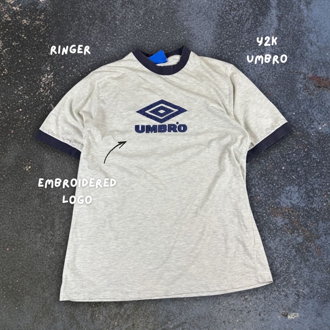 Vintage Y2K Umbro T-Shirt M Grey Ringer Style Large Chest Graphic